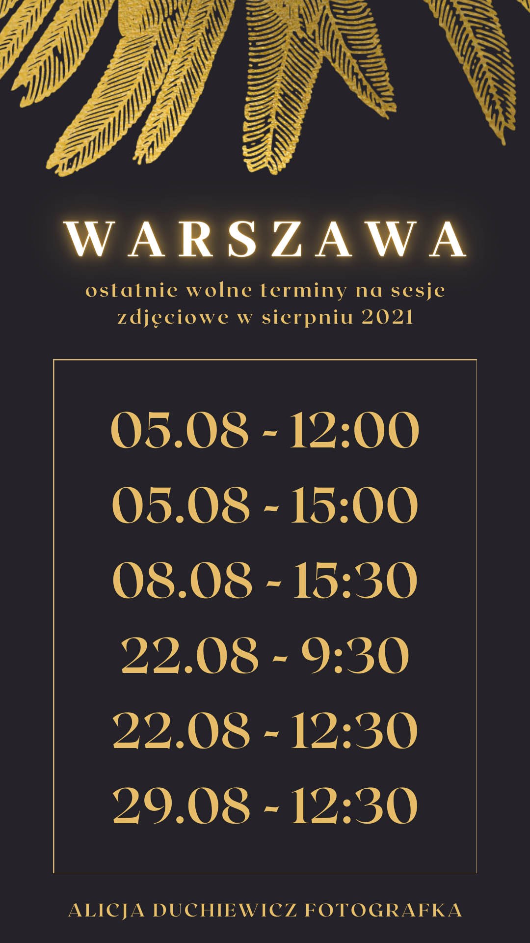 Wolne terminy sierpień 2021 sesje zdjęciowe Warszawa